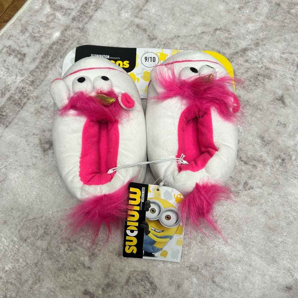 Minions Unicorn Slippers Kids Size 9/10 White Pink Plush Despicable Costume C3 - Picture 2 of 3